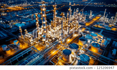 Aerial View of Industrial Complex at Night with Bright Lights 125206947
