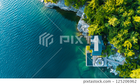 Aerial view of a secluded lakeside house surrounded by lush forest and clear blue water, perfect for relaxation and nature retreat. 125206962