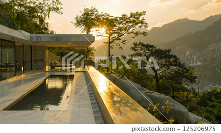 Luxurious modern villa with infinity pool overlooking scenic mountain view at sunset, surrounded by nature, serenity, and elegance. Luxurious modern villa with infinity pool overlooking scenic mountain view at sunset, surrounded by nature, serenity, and elegance. 125206975