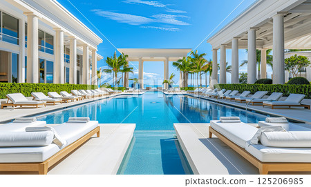 Luxurious resort pool with sun loungers, surrounded by majestic columns and palm trees under a clear blue sky. Luxurious resort pool with sun loungers, surrounded by majestic columns and palm trees under a clear blue sky. 125206985