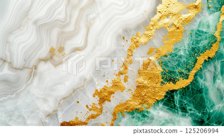 Elegant Marble Texture with Green and Gold Accents in Abstract Design 125206994