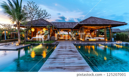 Tranquil Luxury Villa with Pool and Lush Surroundings at Sunset Tranquil Luxury Villa with Pool and Lush Surroundings at Sunset 125207001