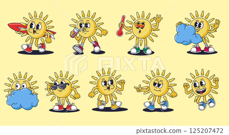 Retro cartoon sun characters. Summer mascot, groovy smiling sunshine character, hot weather and surfer sun 30s rubber hose animation style vector illustration set 125207472