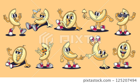 Retro cartoon melon characters. Groovy fruit mascots, vintage 30s animation style cantaloupe or honeydew melon slices. Funny smiling summer fruit character poses with hands and legs vector set 125207494