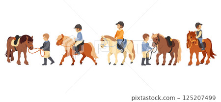 Kids pony riding. Children learning horse riding, boys and girls with small horses. Cute cartoon characters in equestrian helmets leading and riding ponies. Horseback riding school vector set 125207499