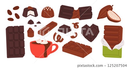 Cocoa chocolate. Assorted chocolate products, candy and cocoa ingredients. Dark and milk bars, pralines, cocoa beans, hot chocolate mug with marshmallows, shavings. Sweet food cartoon vector set 125207504