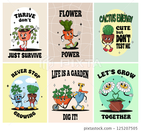 Retro cartoon gardening posters. Groovy motivational prints with vintage characters and garden quotes. Wall art templates with funny plants, cactus, flowers and garden tools. vector illustration set 125207505