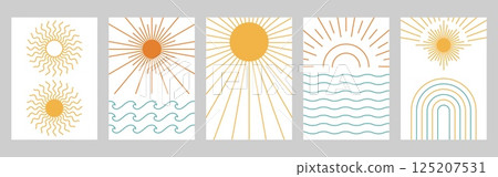 Boho sun poster backgrounds. Abstract sun rays, bohemian wall art prints with sunrise and sea waves. Minimalist decor with sunbeams, arches and geometric lines vector set with editable stroke paths Boho sun poster backgrounds. Abstract sun rays, bohemian wall art prints with sunrise and sea waves. Minimalist decor with sunbeams, arches and geometric lines vector set with editable stroke paths 125207531