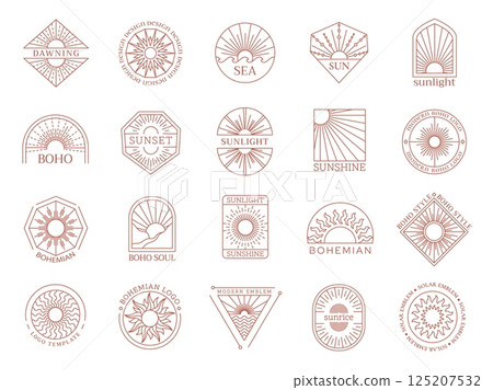 Bohemian sun emblem templates. Boho sunrise sun, minimalist sunset badges with geometric frames, linear sunlight rays. Line art summer sunshine and dawn light vector set with editable stroke paths Bohemian sun emblem templates. Boho sunrise sun, minimalist sunset badges with geometric frames, linear sunlight rays. Line art summer sunshine and dawn light vector set with editable stroke paths 125207532