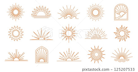 Sun line icons. Geometric boho sun, minimalist linear sunrise and sunset outline emblems. Bohemian sunbeam emblem elements with rays, arch and wave shapes vector set with editable stroke paths Sun line icons. Geometric boho sun, minimalist linear sunrise and sunset outline emblems. Bohemian sunbeam emblem elements with rays, arch and wave shapes vector set with editable stroke paths 125207533