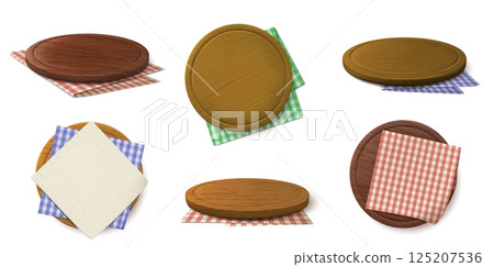Wooden pizza boards with napkins. Round chopping board mockups, empty circle wood tray with checkered cloth. Serving platters, kitchen tableware with wood texture and gingham tablecloths 3D vector set 125207536