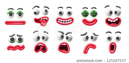 Cartoon 3D faces. Happy smile, sad emoji, crying face and excited expressions with cartoon googly eyes and plasticine mouths. Facial expression elements for mascot character design isolated vector set Cartoon 3D faces. Happy smile, sad emoji, crying face and excited expressions with cartoon googly eyes and plasticine mouths. Facial expression elements for mascot character design isolated vector set 125207537