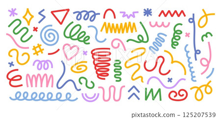 Abstract scribble stripe doodle shapes. Hand drawn wavy and curly lines, swirls, spirals and squiggles. Colorful retro decoration design elements vector set Abstract scribble stripe doodle shapes. Hand drawn wavy and curly lines, swirls, spirals and squiggles. Colorful retro decoration design elements vector set 125207539