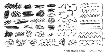 Crayon scrawls. Charcoal sketch squiggly lines, hatched shapes, hand drawn scribbles, doodle arrows, swirls and check marks with grunge textured line. Wavy and zigzag pencil strokes vector set Crayon scrawls. Charcoal sketch squiggly lines, hatched shapes, hand drawn scribbles, doodle arrows, swirls and check marks with grunge textured line. Wavy and zigzag pencil strokes vector set 125207540
