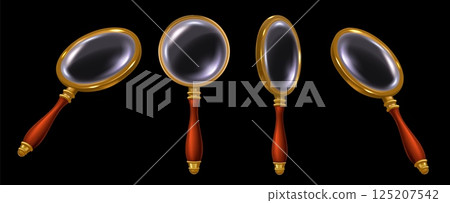 Vintage magnifying glass. Search magnifier, golden loupe with wooden handle. Detective research, handheld zoom magnifiers and investigation tool realistic 3D isolated vector illustration set 125207542