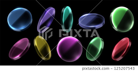 Color glass discs. Tinted lens, colorful transparent circle and toned glass plate. Optical elements with transparency and light refraction effect 3D isolated vector set 125207543