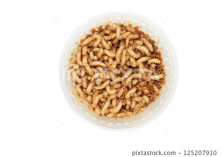Plastic container, box with live bait for fishing - maggots, isolated on white background 125207910
