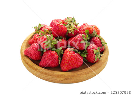 Red fresh strawberry in wooden bowl isolated on white background Red fresh strawberry in wooden bowl isolated on white background 125207958