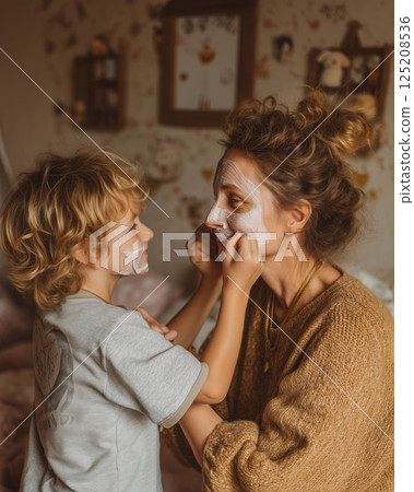 Mother and son enjoy a playful moment applying face masks together at home 125208536