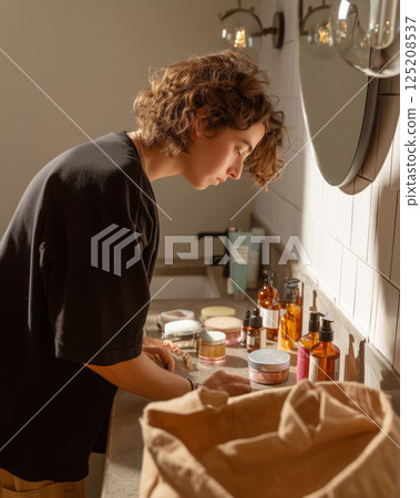 Nonbinary person skillfully preparing heat-protective products in cozy bathroom 125208537