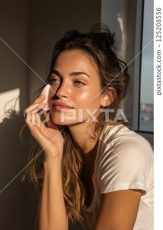 Morning skincare ritual featuring gua sha and SPF in sunny indoor setting 125208556