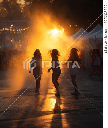 Friends enjoying a joyful water mist spray at sunset in a park 125208562