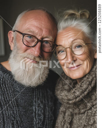 Elderly couple sharing warmth in a cozy embrace celebrating love and vitality 125208889