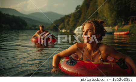 Joyful young woman floating on a tranquil river surrounded by nature 125208892