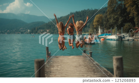 Young friends joyfully leap from a jetty into sparkling lake waters Young friends joyfully leap from a jetty into sparkling lake waters 125208893