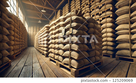 Stockpiled rice bags and storage warehouse 3 "AI generated image" 125209069