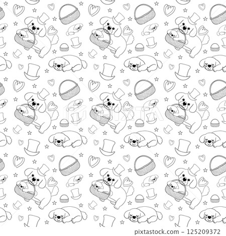 Seamless Pattern Shih Tzu Dog Cartoon with heart and hat in flat design outline style Seamless Pattern Shih Tzu Dog Cartoon with heart and hat in flat design outline style 125209372