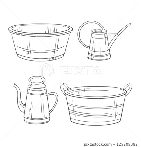 Aluminum watering cans and basins. Watering garden tools. Vector line illustration of gardening equipment. Perfect for spring planting, farming themes. Ideal for eco design, seasonal summer decor Aluminum watering cans and basins. Watering garden tools. Vector line illustration of gardening equipment. Perfect for spring planting, farming themes. Ideal for eco design, seasonal summer decor 125209382