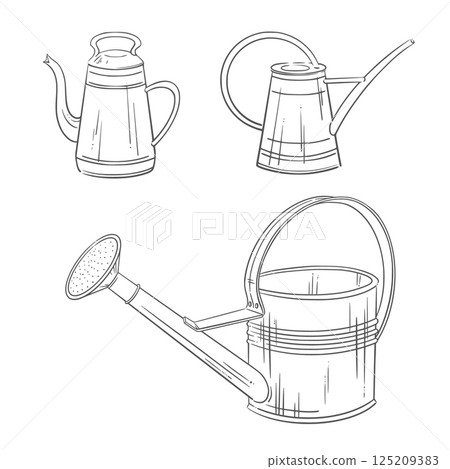 Aluminum old watering cans. Vintage vector outline illustration. Perfect for gardening, spring planting, sustainable farming themes. Ideal for rustic and eco-friendly design, seasonal summer decor Aluminum old watering cans. Vintage vector outline illustration. Perfect for gardening, spring planting, sustainable farming themes. Ideal for rustic and eco-friendly design, seasonal summer decor 125209383