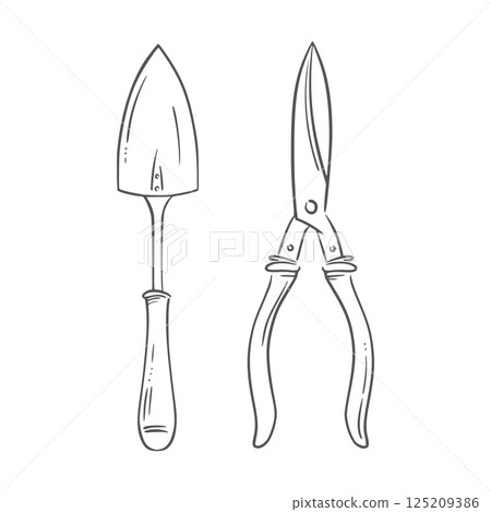 Garden trowel and pruning scissors. Elegant linear vector illustration. Ideal for landscaping, gardening tools, spring planting, digging and outdoor work. Sign, coloring book and page, card, seasonal Garden trowel and pruning scissors. Elegant linear vector illustration. Ideal for landscaping, gardening tools, spring planting, digging and outdoor work. Sign, coloring book and page, card, seasonal 125209386