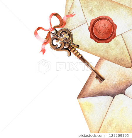 Vintage letters with old key with red bow square frame. Hand-painted watercolor template with envelopes. Perfect for romantic, retro stationery designs, spring floral postcard, botanical card, decor. Vintage letters with old key with red bow square frame. Hand-painted watercolor template with envelopes. Perfect for romantic, retro stationery designs, spring floral postcard, botanical card, decor. 125209395
