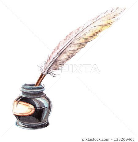 Antique inkwell and vintage quill. Hand drawn watercolor illustration of retro stationary. Perfect for historical, literary or romantic arrangement, poetry sign, symbol, elegant postcard, pattern Antique inkwell and vintage quill. Hand drawn watercolor illustration of retro stationary. Perfect for historical, literary or romantic arrangement, poetry sign, symbol, elegant postcard, pattern 125209405