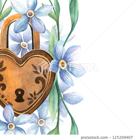 Square frame heart-lock with forget-me-nots. Floral vintage watercolor template of padlock and myosotis flowers. Perfect for wedding invitation, romantic postcard, love Valentine's day or spring decor 125209407
