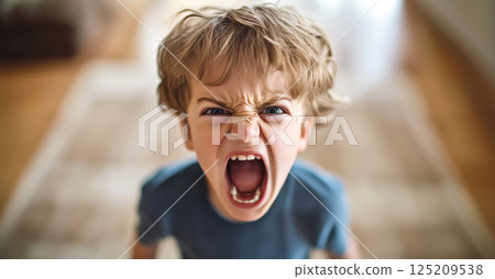 A child cries while parents argue in the background. The crying child highlights the emotional pain and turmoil caused by parental arguments. Generative AI. 125209538