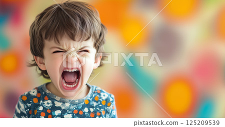 A child cries while parents argue in the background. The crying child highlights the emotional pain and turmoil caused by parental arguments. Generative AI. 125209539