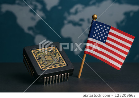 Semiconductor IC chip tariffs and the American flag 4 "AI generated images" 125209662