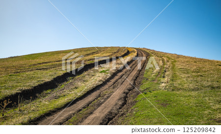 Dirt road winding uphill through green meadow under clear blue sky Dirt road winding uphill through green meadow under clear blue sky 125209842