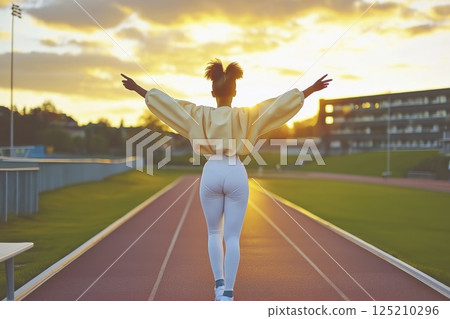 Woman celebrating on track at sunset: fitness, freedom, achievement, motivation, light Woman celebrating on track at sunset: fitness, freedom, achievement, motivation, light 125210296