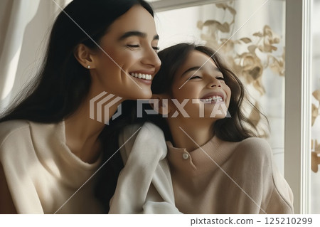 Happy mother and daughter smiling together by the sunlit window in cozy home setting 125210299