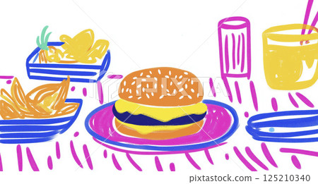 Colorful illustration of a burger meal with fries and drinks 125210340