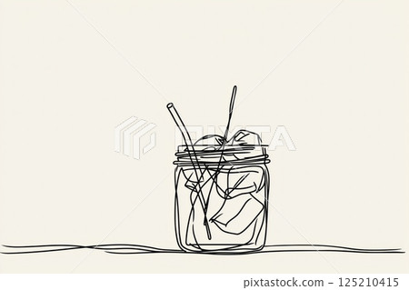 Minimalist line art drawing of glass jar with straw and ice cubes on plain background 125210415