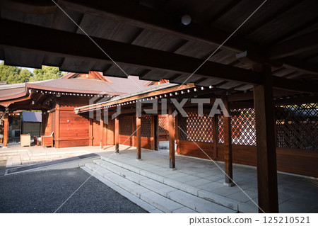 Jonangu Shrine: The grounds illuminated by the morning sun from the corridor 3 Jonangu Shrine: The grounds illuminated by the morning sun from the corridor 3 125210521