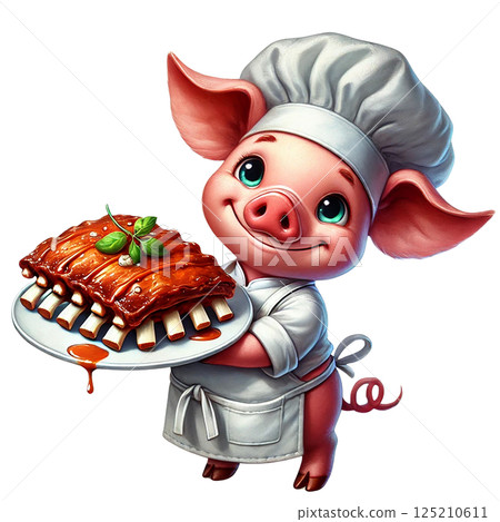 Cute cartoon pig chef proudly serving delicious barbecue ribs. 125210611