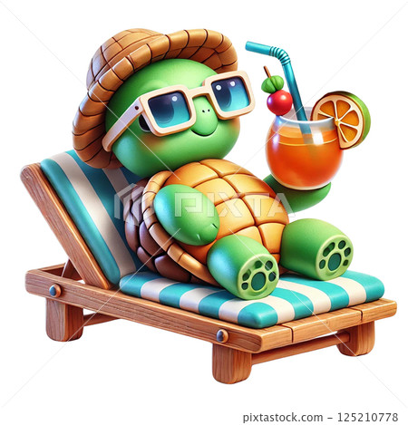 A cute turtle relaxing on a deck chair with a fruity drink. 125210778