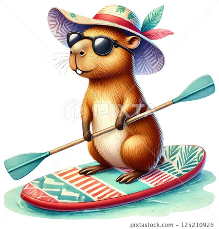 A cheerful rodent paddles on a surfboard, enjoying summer fun. 125210926