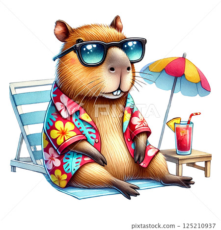 A relaxed capybara wearing sunglasses on a beach chair. 125210937